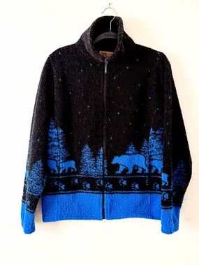 Bear Ridge Outfitters Black Bears  Looped Wool Fleece Jacket Size Med Made USA